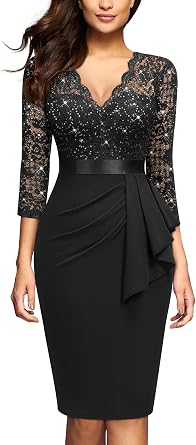 Miusol Womens Retro V Neck Floral Lace Ruffle Style Cocktail Party Dress