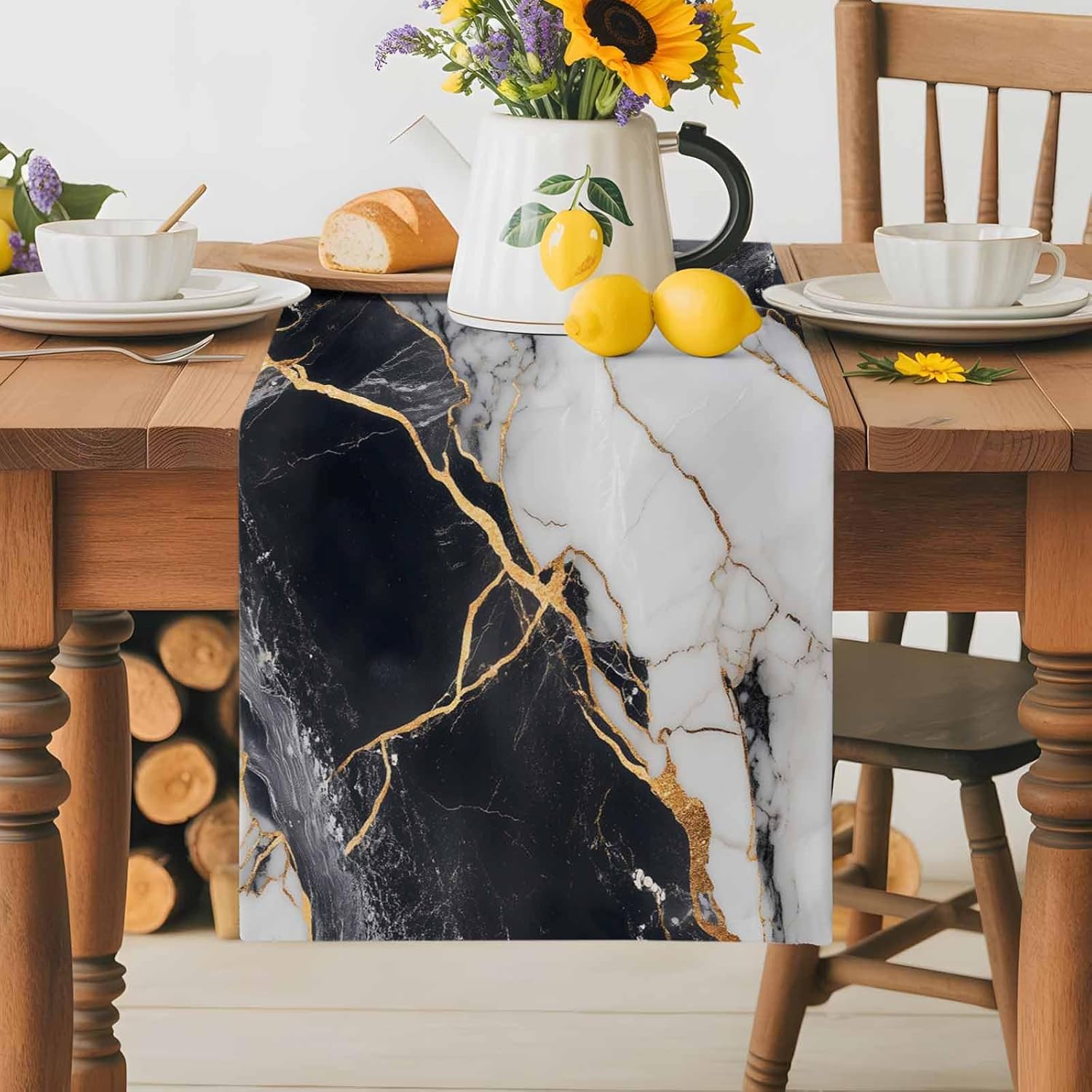 Table Runner-120 Inches Long Black White Gold Ombre Marble Tablerunners Decorative Dresser Scarves Modern Minimalist Pattern Tabletop Scarf for Indoor Outdoor Wedding Holiday Party