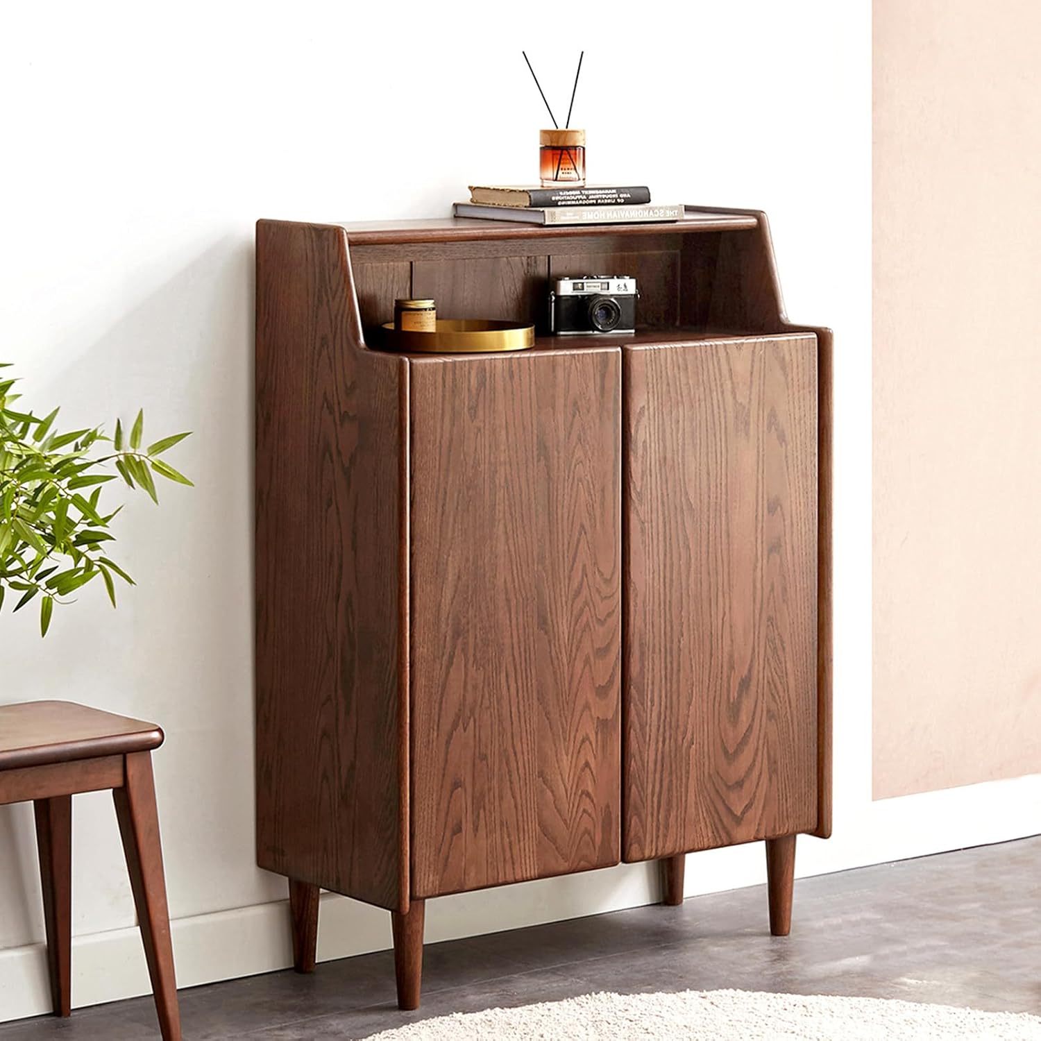 Solid Wood Shoe Cabinet with Doors, Shoe Storage Cabinet with 4-Tier Adjustable Shelves, Mid Century Modern Shoe Rack Cabinet for Entryway, Hallway, Oak Wood, 13.8" x 31.5" x 43.3", Walnut