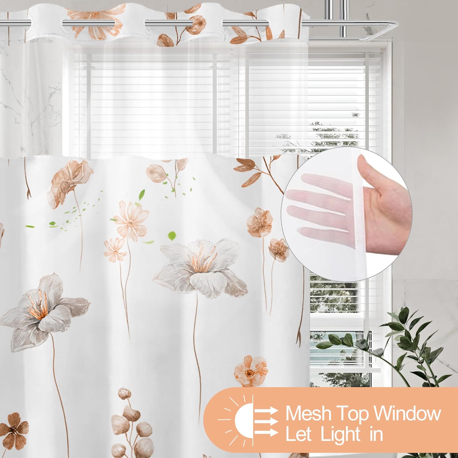 No Hook Shower Curtain and Liner Set, Watercolor Brown Floral Shower Curtains for Bathroom, Modern Hotel Bathroom Curtain Sets with Snap in Liner, 71x77 Inches