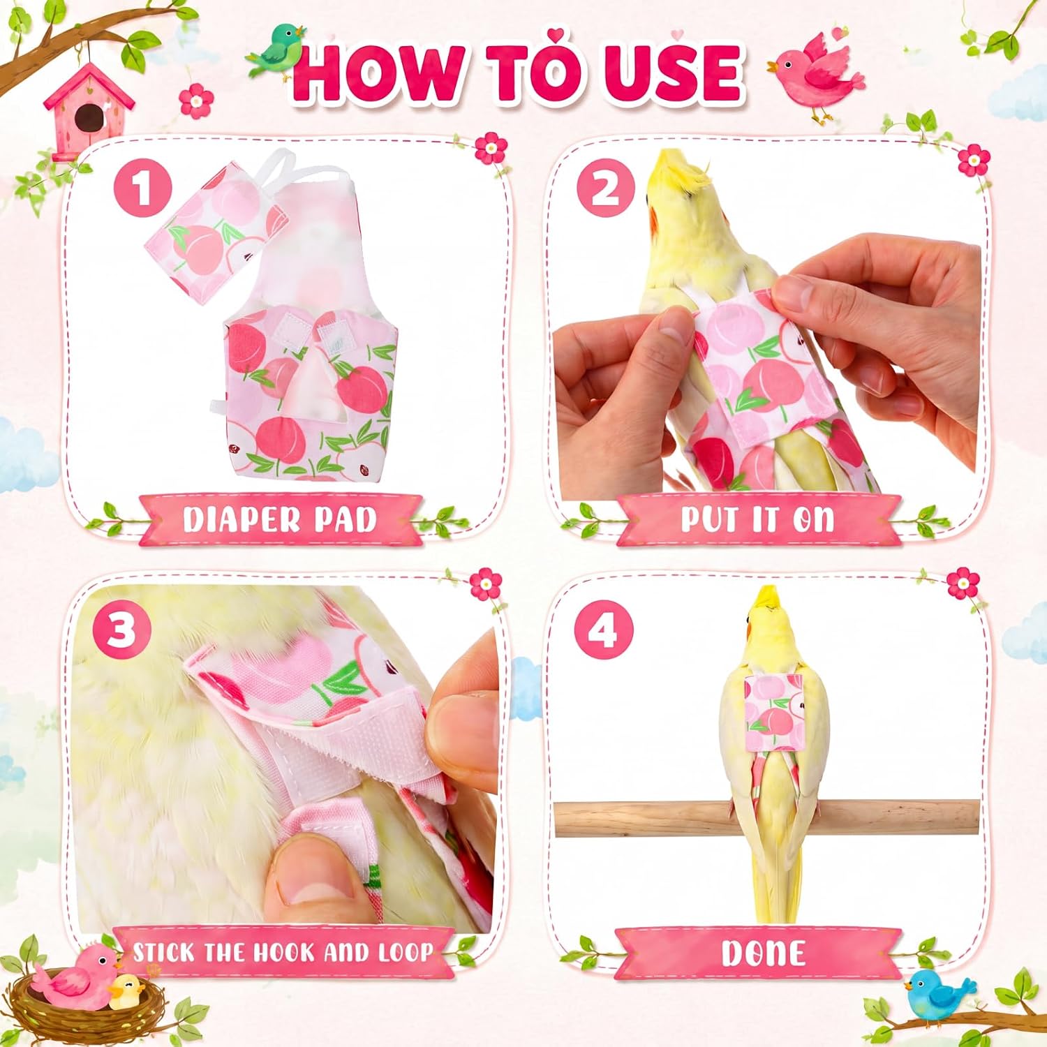 10 Pcs Bird Diaper, Reusable Bird Diapers with Waterproof Inner and Adjustable Straps, Washable Pet Parrot Diapers Nappy for Parakeet Pigeon Cockatiel Mini Macaw Budgie Canary