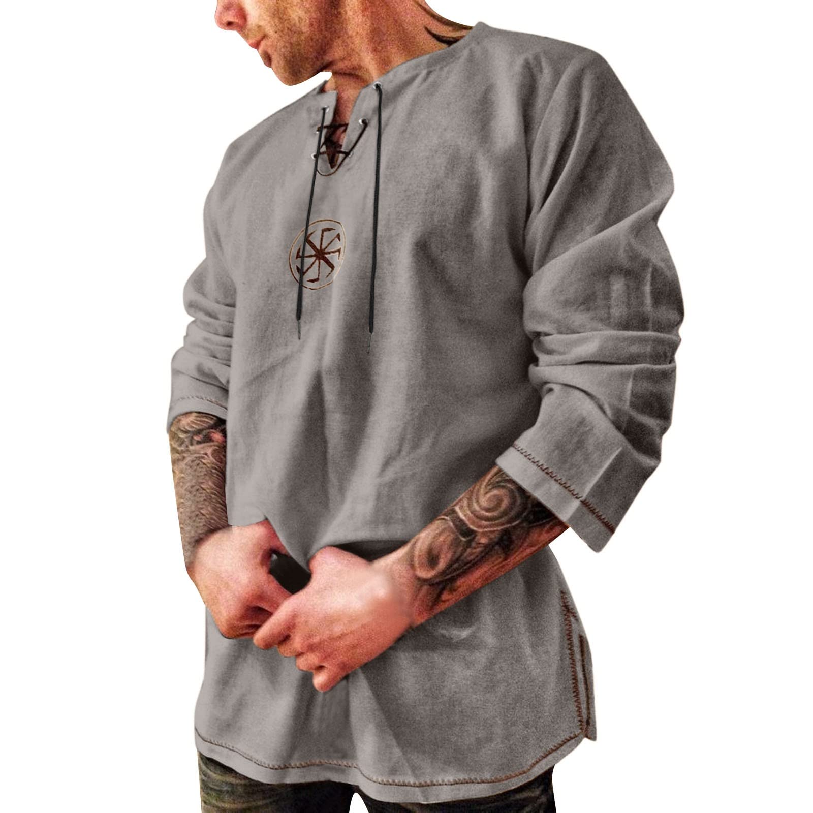 Men's Medieval Tunic Shirt Long Sleeve - Vintage Linen Lacing Collar Casual Shirt for Men Breathable Summer, Relaxed Fit, Retro Style Tunic with Button Cuffs Grey