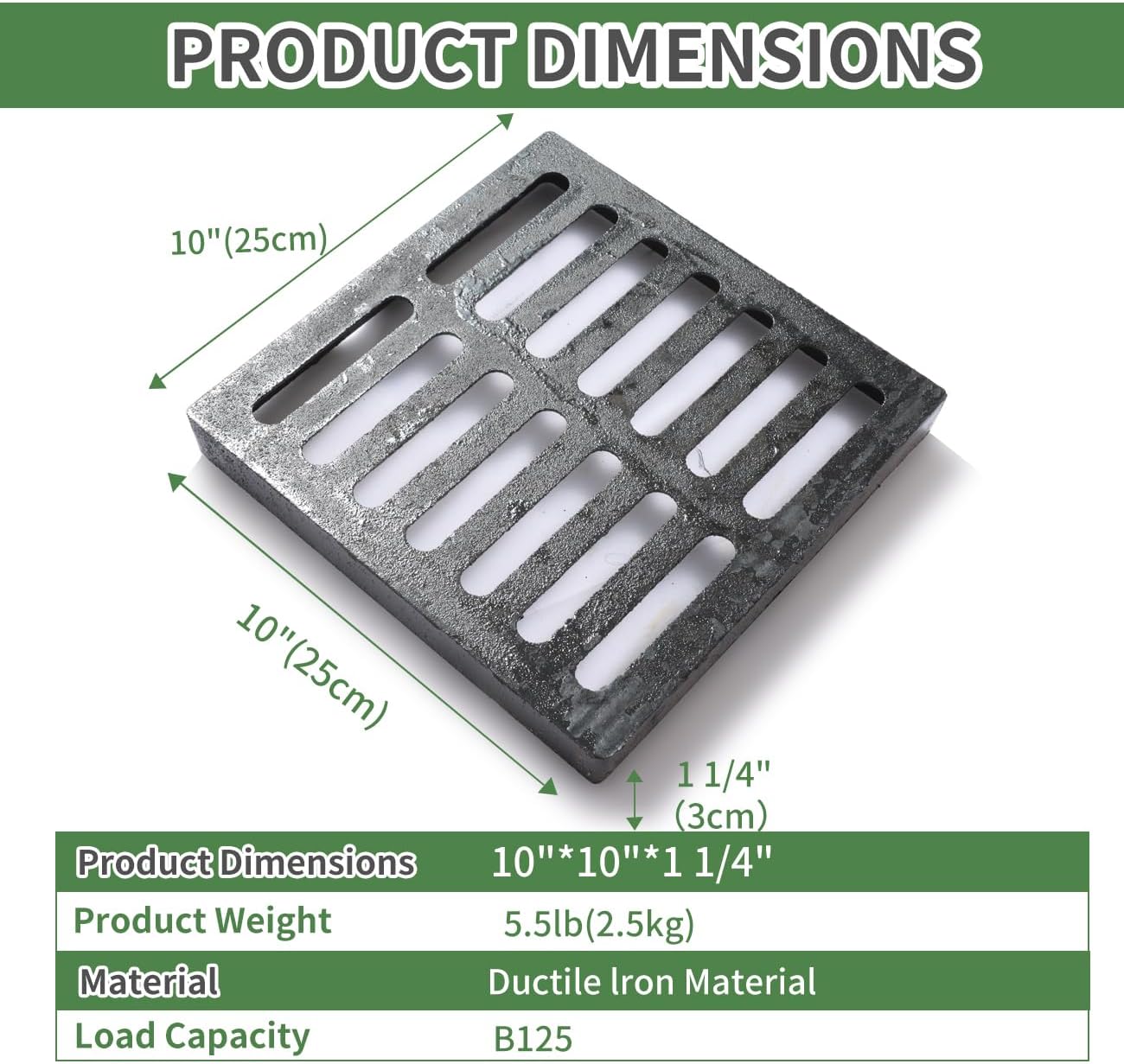 cast iron drain grate, 10 * 10in heavy duty outdoor drain cover, b125 class channel grate, metal sewer grate, black square drainage grate for concrete floor, yard, driveway & garage. 10*10in