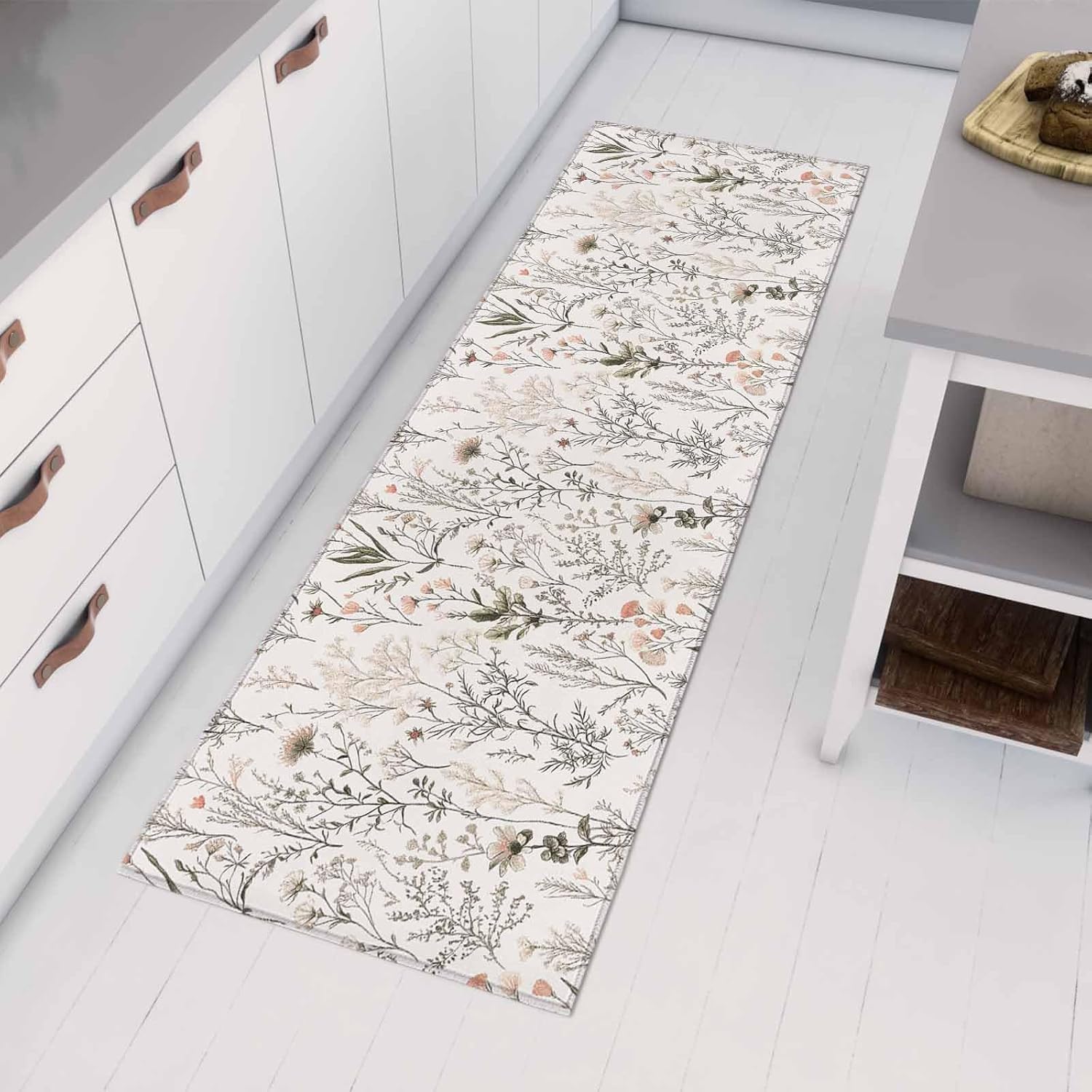 Teamery Kitchen Mats for Floor Spring Flower Leaves Botanical Washable Non Slip Kitchen Rugs 1PCS, Country Plant Seamless Absorbent Standing Mats for Sink Bathroom Office Living Room 23.6x70.9in