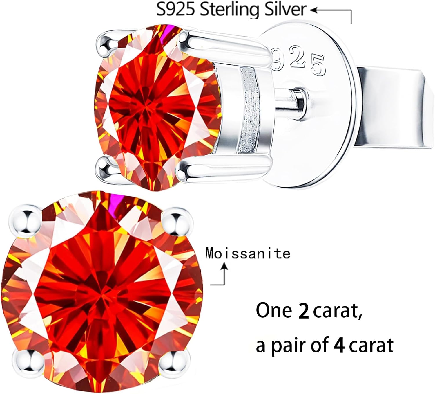 Moissanite Earrings，2ct D Color VVS1 Clarity Solitaire Round Cut Earrings S925 Sterling Silver for Women Men Moissanite Stud Earrings - Image 6
