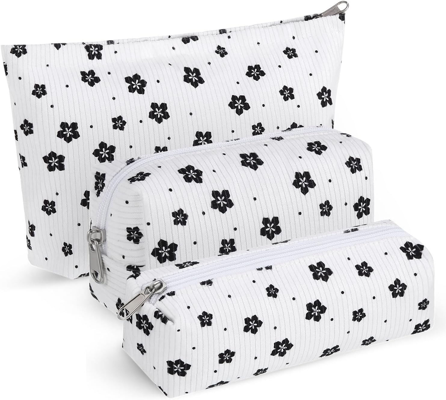 Huhumy 3 Pcs Makeup Bag Corduroy Cosmetic Pouch Travel, White, Floret