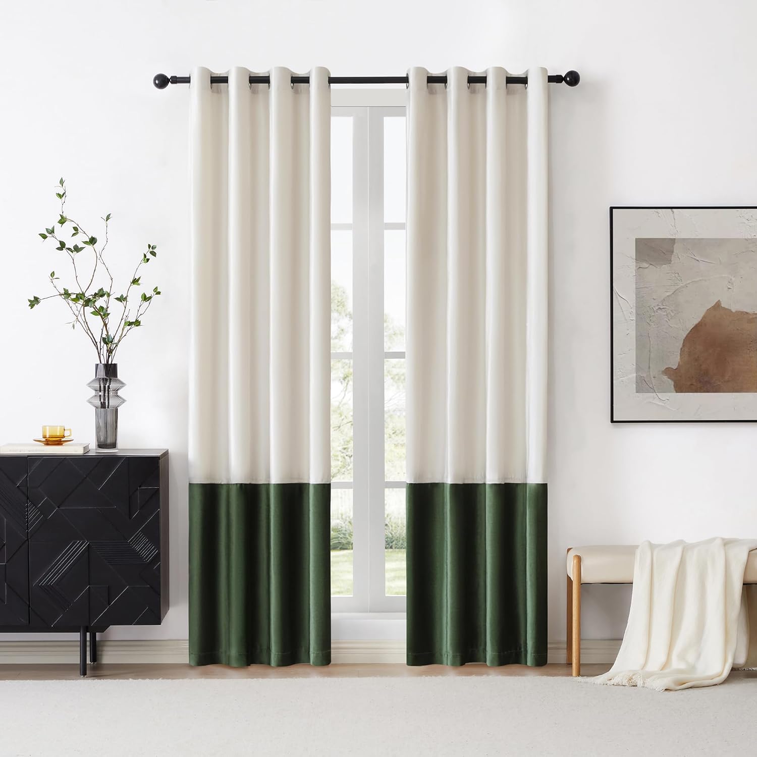BULBUL Ivory 100% Full Blackout Velvet Curtains,108 inches Long Cream Olive Green Modern Liner Curtains Thermal Drapes Panels for Living Room Bedroom Grommet Set of 2