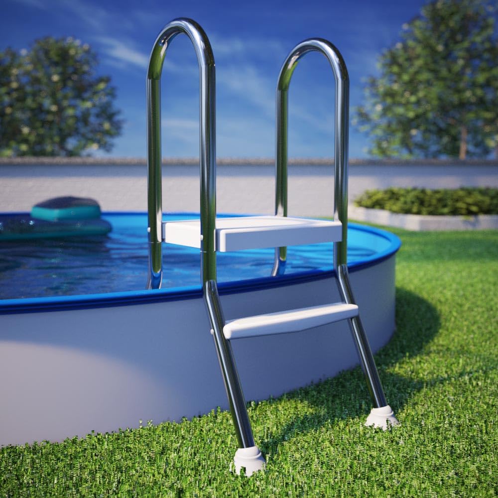 Poolleiter aus V2A Edelstahl - 5-stufige Hochbeckenleiter für teileingelassene Pools - Für Beckenhöhe bis 1,50 m - Belastbar bis 120 kg - Sicherer Stand
