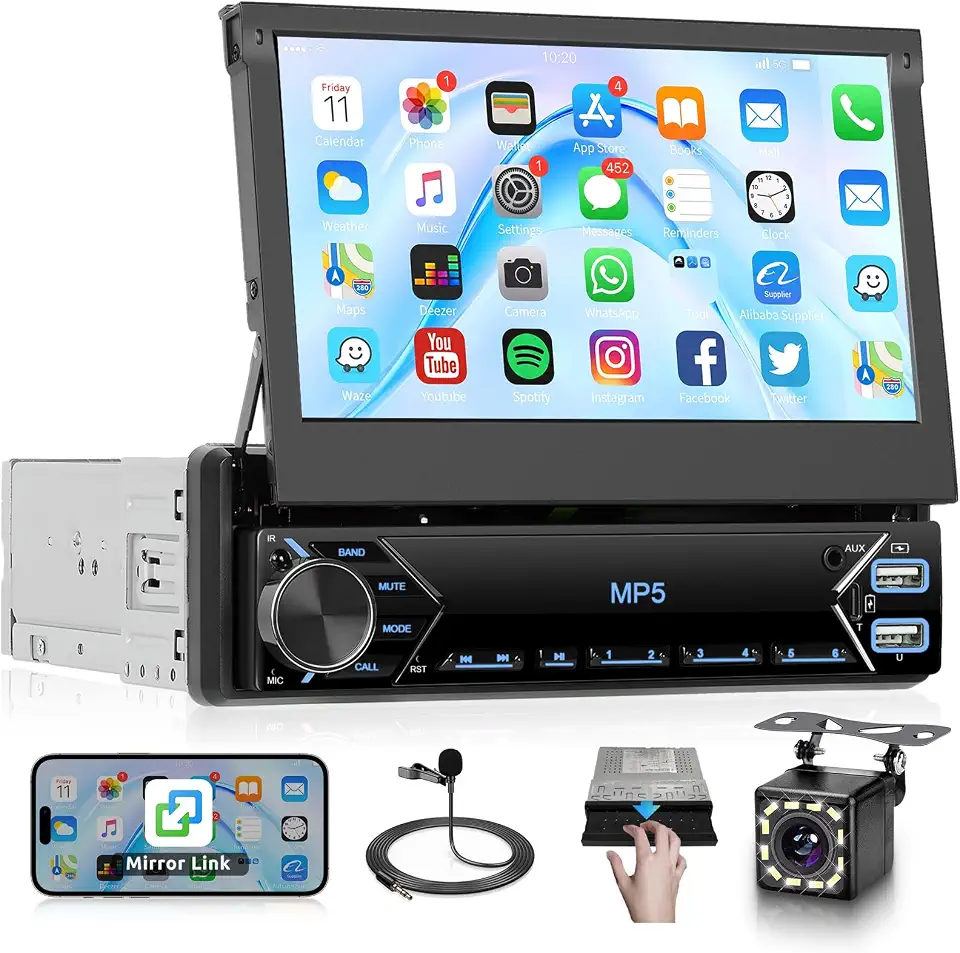 Single Din Touchscreen Car Stereo, 7" Flip Out Screen Car Stereo with Bluetooth Car Audio Receivers, Backup Camera, Mirror Link, FM/USB/AUX/TF, Type-C Fast Charging