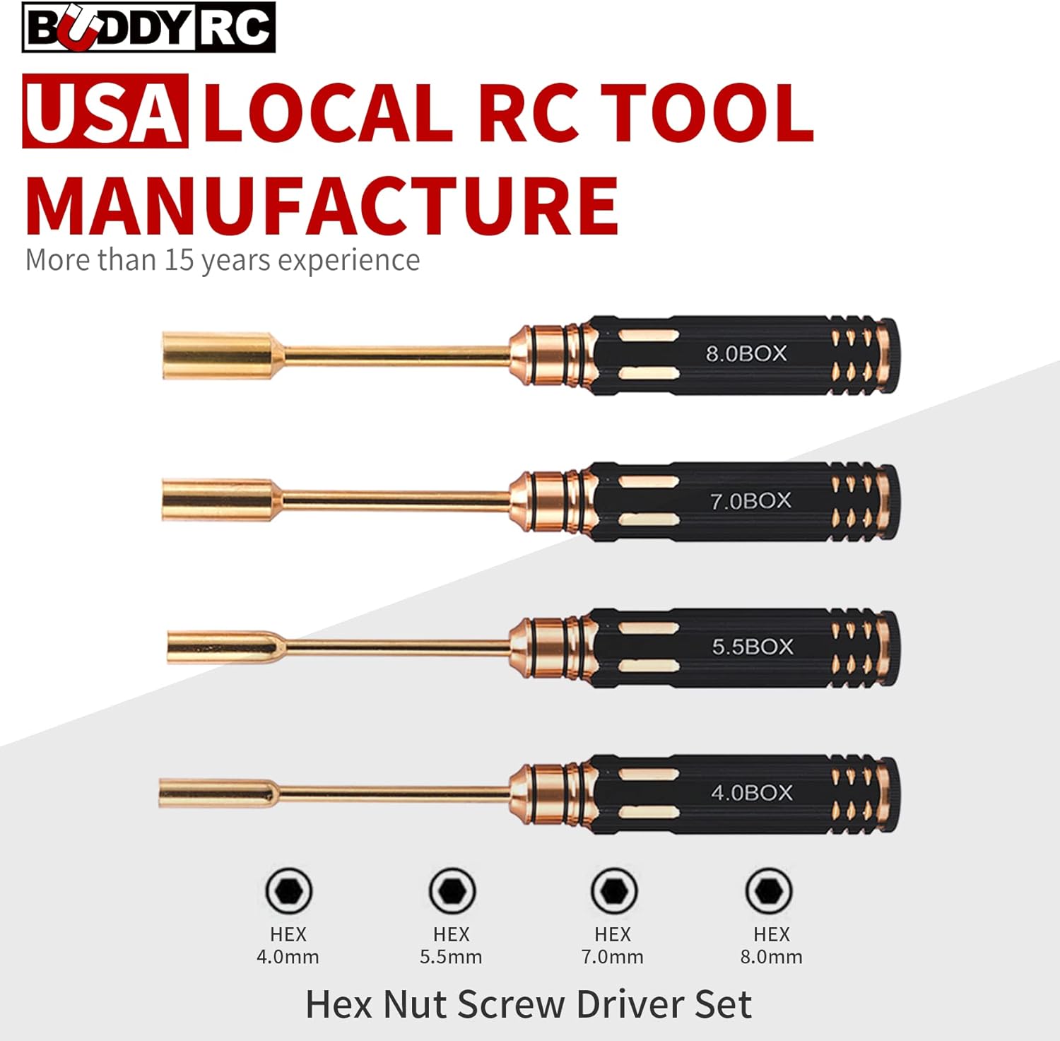 Buddy RC Hex Nut Screw Driver Set Titanium Nitride Coated Repair Tools Kit，4.0mm 5.5mm 7.0mm 8.0mm RC Multi-rotors Model Screwdriver Tool Kits (4PCS)