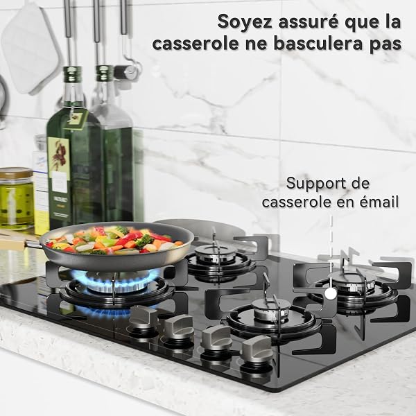 magicplux Plaque de Cuisson Gaz 4 Feux, Plaque Gaz Encastrable 60cm avec Sécurité Thermocouple, Gazs ville et Bouteille, Verre Noir, Allumage Électrique Intégrée - 4