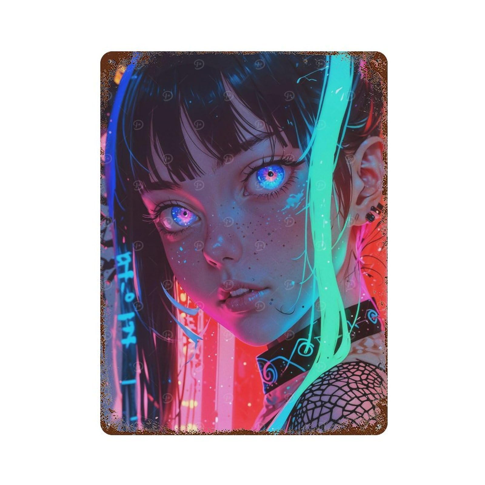 Rust Effect Anime Girl Neon Hair Rusty Metal Tin Sign 15.7"x11.8", Industrial Home Decor for Living Room, Hallway And Home Decor
