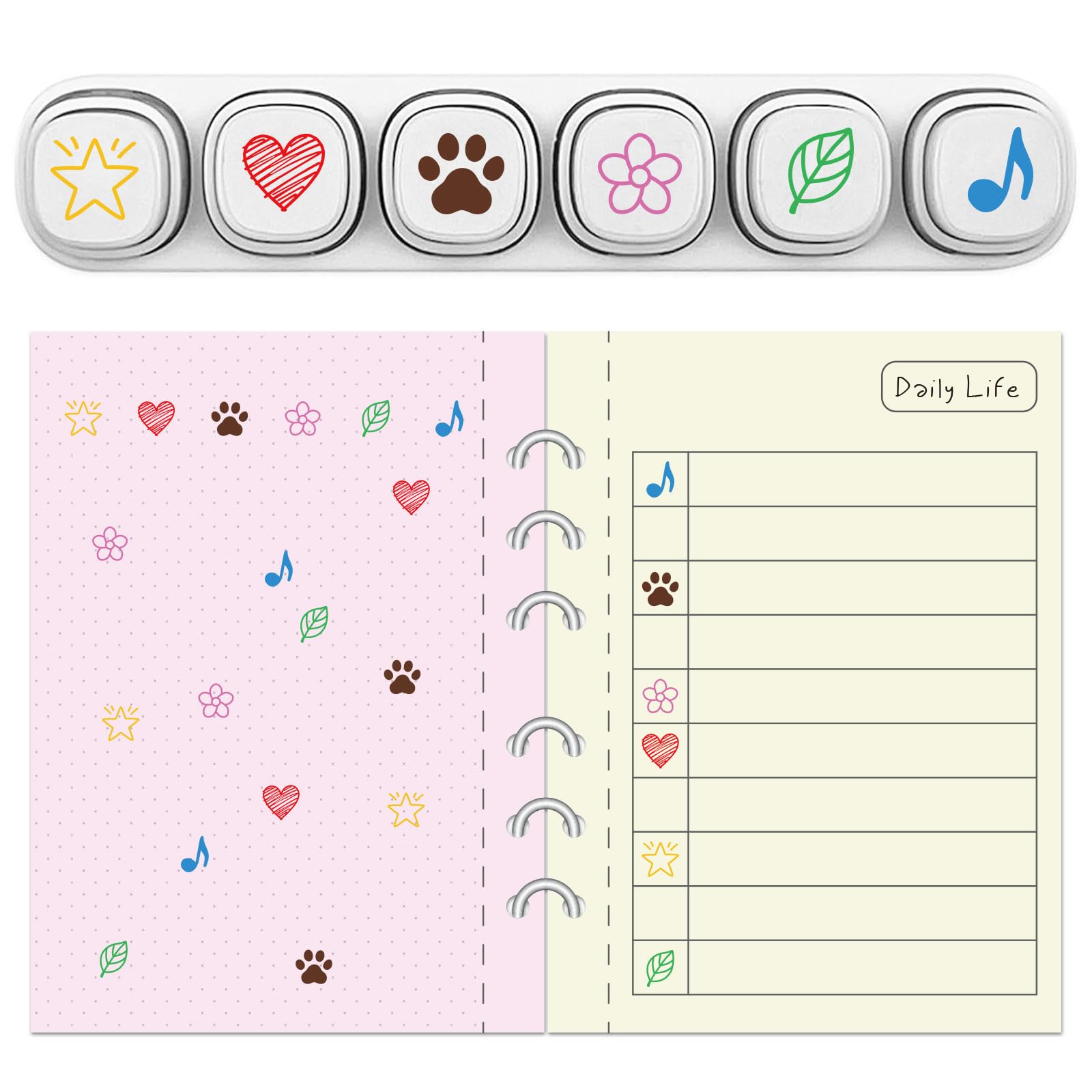 GLOBLELAND 6 Pcs 6 Styles Simple Pattern Stamps for Grading Paw Print Musical Note Plastic Stamp Set Love Star Mini Stamps for Drawing Journaling Art Crafts Birthday Party Favor Prizes
