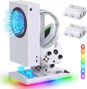 Upgraded RGB Cooling Fan Charging Station for Xbox Series S Console & Controller,Dual Charger Dock and Cooler System Stand with 15 Colorful Light Modes Accessories with 2*1400mAH Rechargeable Battery | Vertical Docking Station with 2*1400mAh Recharge