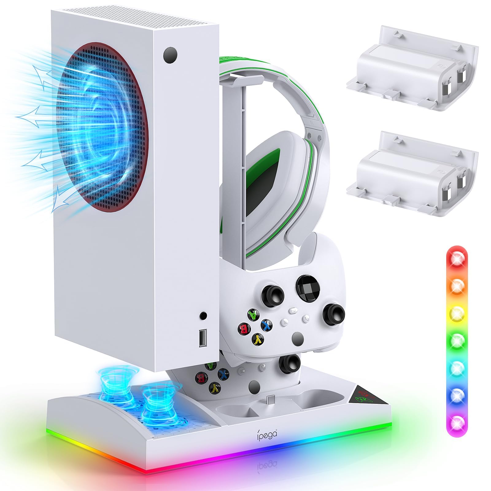 Upgraded RGB Kühlung Lüfter Ladestation für Xbox Serie S Konsole & Controller, Duale Ladestation Cooler System Stand mit 15 bunten Lichtmodi Zubehör mit 2 * 1400mAH wiederaufladbarem Akku, weiß