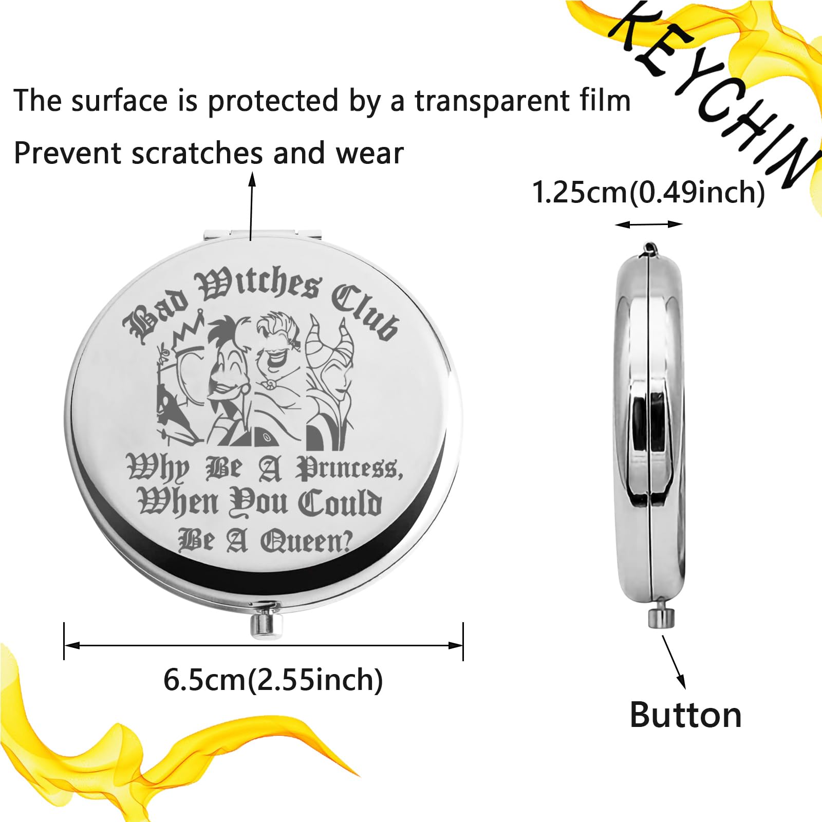 KEYCHIN Villains Club Pocket Mirror Evil Queen Fans Gifts Bad Witches Club When Be A Princess When You Could Be A Queen Compact Makeup Mirror (Bad Witches-S) - Image 2