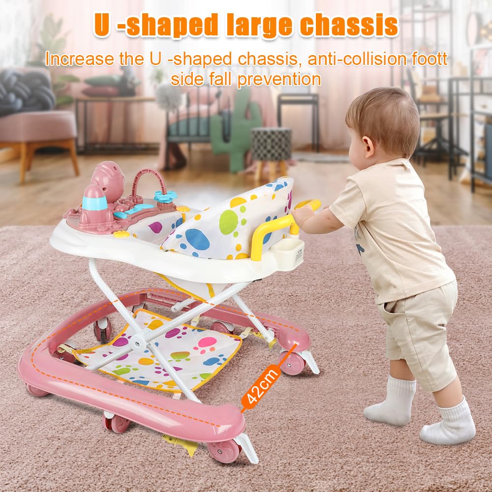 Trotteur Bébé Garçon&Fille 2en 1 avec Hauteur Réglable, Trotteur Marche Bébé avec Musique,8 roues, musique, auvent,62 * 68 * 36-81cm - Rose