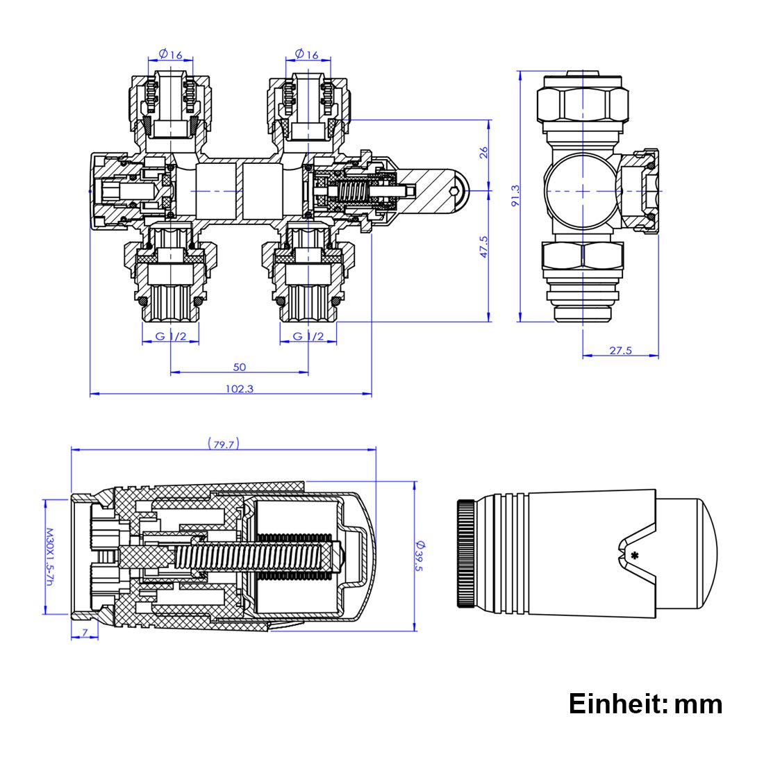 EMKE Hahnblock Multiblock Heizkörper Mittelanschluss, Anschlussarmatur inkl. Thermostatkopf, Ventil-Armaturen Eck und Durchgangsform, Ventilhahnblock für Badheizkörper Weiß G1/2"