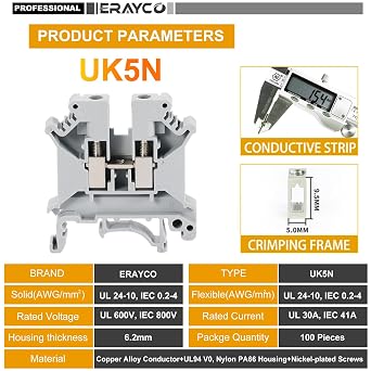Erayco UK5N-BL DIN Rail Terminal Block, Screw Clamp, 600V 30A 30-10AWG, Pack of 100