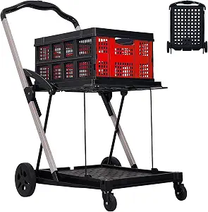 2-Tier Folding Shopping Cart for Groceries, 198 LB Capacity, Collapsible Portable Grocery Trolley with Wheels & Removable Crate, Red
