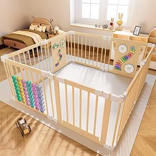 YZNVCG Wooden Baby Playpen: Adjustable Multi-Shape Portable Play Yard with Drums & Abacus Toys for Infants Toddlers (57x57x24")