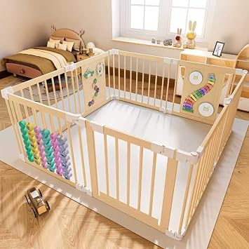 Baby Playpen - Adjustable Multi-Shape Wooden Play Yard, Portable Collapsible Activity Center with Baby Fence Play Area & Toys for Infants, Toddlers 57x57x24inch