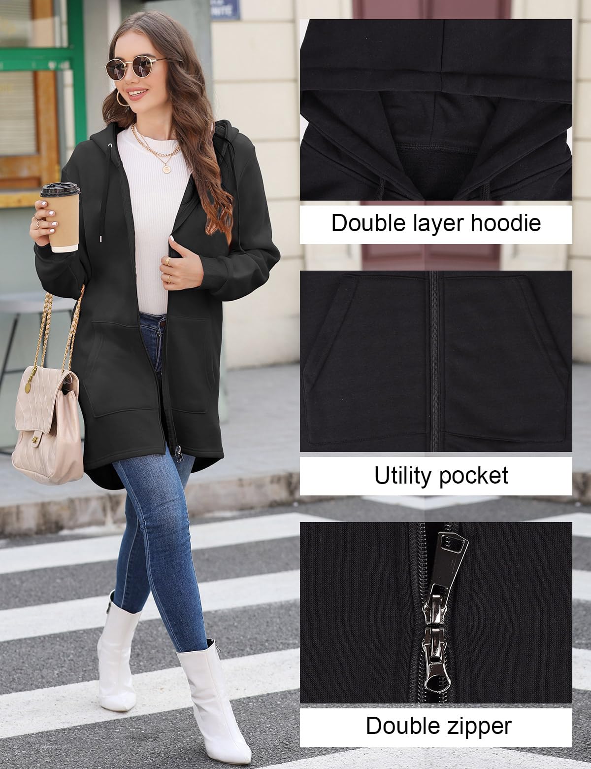 Tuopuda Donna Felpe con Cappuccio Giacca Elegante Scollo a V Top Manica Lunga Cardigan Felpe con Zip 2 Tasche Autunno Invernali Sweatshirt Cappotto Eleganti Pullover Hoodie Jumper