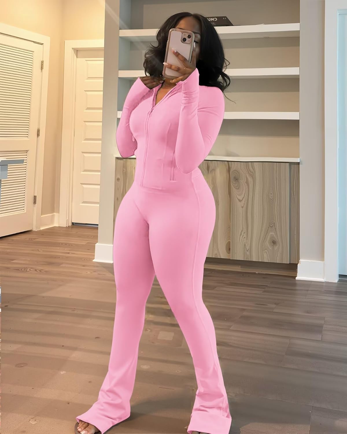 Ophestin Women 2 Piece Outfits Fall Long Sleeve Zip Up Jacket Flare Legging Workout Sets with Pockets Tracksuit Active - Image 5