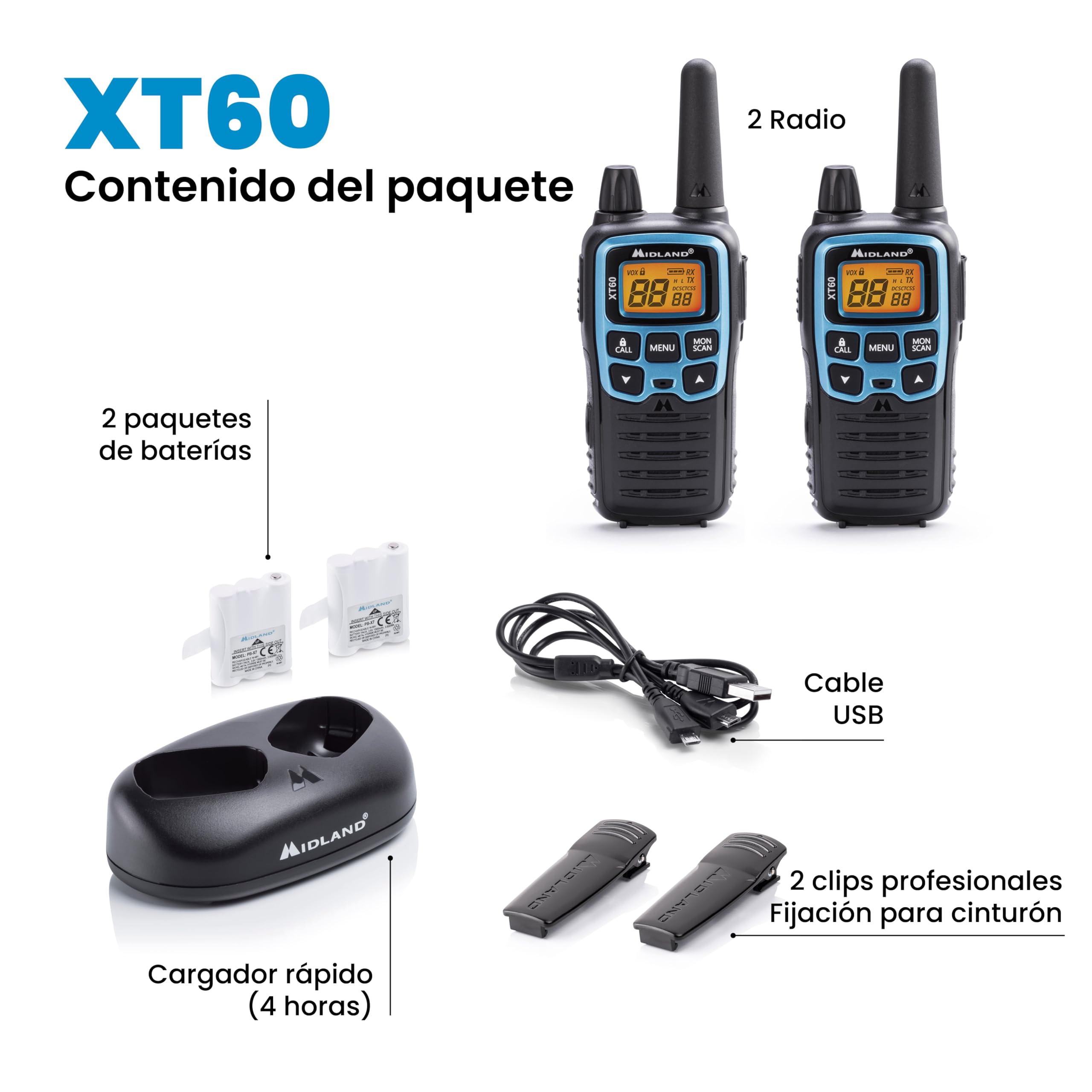 Midland XT60 Walkie Talkie Profesional Largo Alcance Dual Band | 93 Canales (69 LPD/24 PMR446), 38 CTCSS/83 DCS, 10Km Alcance, Carga Rápida, Autonomía 12H