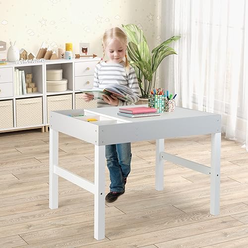 Miniatura 8 de Costzon Mesa para niños, escritorio de madera 3 en 1 con almacenamiento, mesa de doble cara para artes infantiles, manualidades, dibujar, leer,