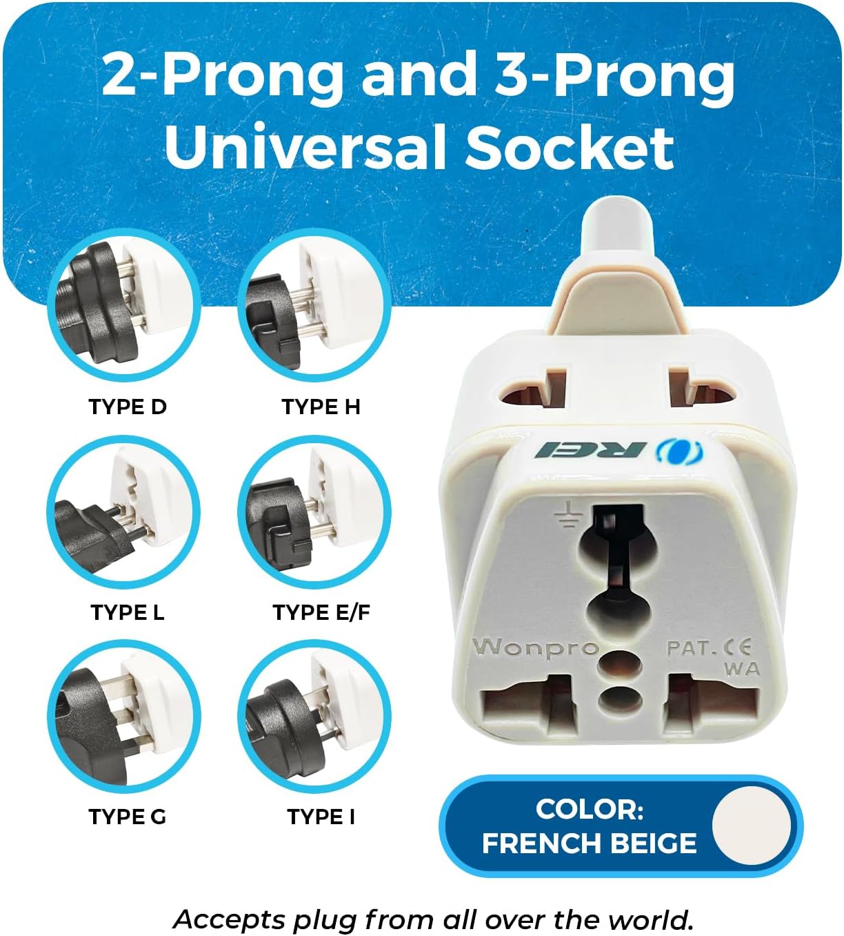 OREI Type M Adapter with examples of universal 2-prong and 3-prong inputs it accepts