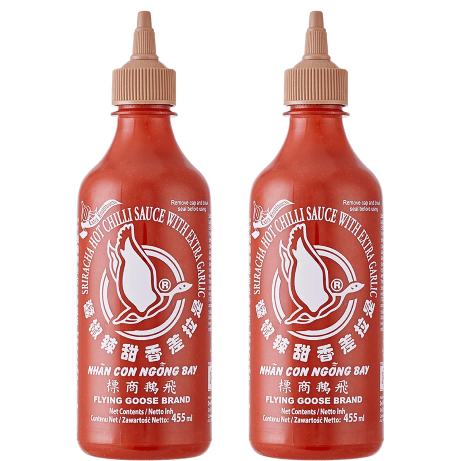 Flying Goose 15.3 oz Sweet Sriracha Sauce, Thailand Sriracha Sweet Chili Sauce, Gluten Free and Vegan, Extra Garlic Flavor in Bottle, 15.3 fl.oz(455ml), Pack of 2