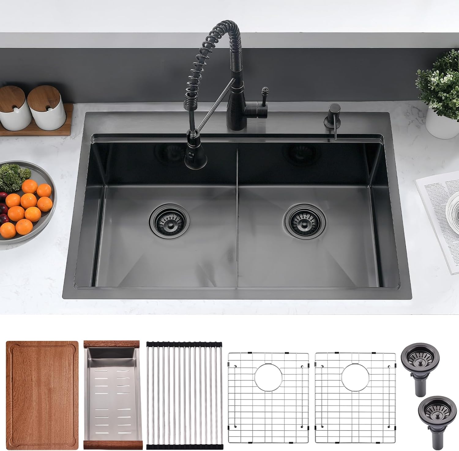 33x22 Black Double Bowl Drop In Kitchen Sink Workstation - 16 Gauge Stainless Steel Workstation Sinks 50/50 Split, Top Mount Drop In Kitchen Sink Double Bowl with Accessories