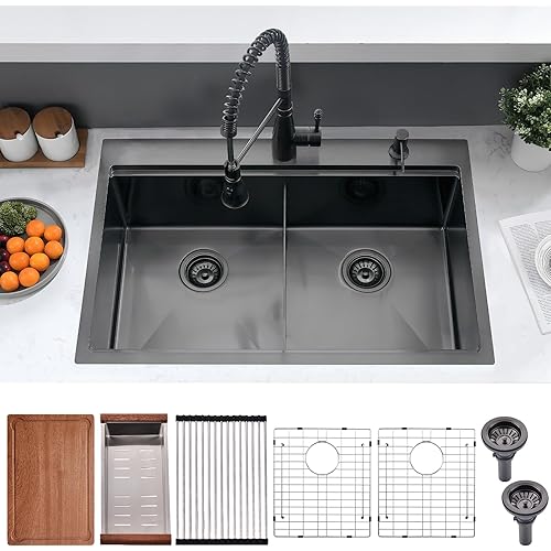 33x22 Black Double Bowl Drop In Kitchen Sink Workstation - 16 Gauge Stainless Steel Workstation Sinks 50/50 Split, Top Mount Drop In Kitchen Sink Double Bowl with Accessories