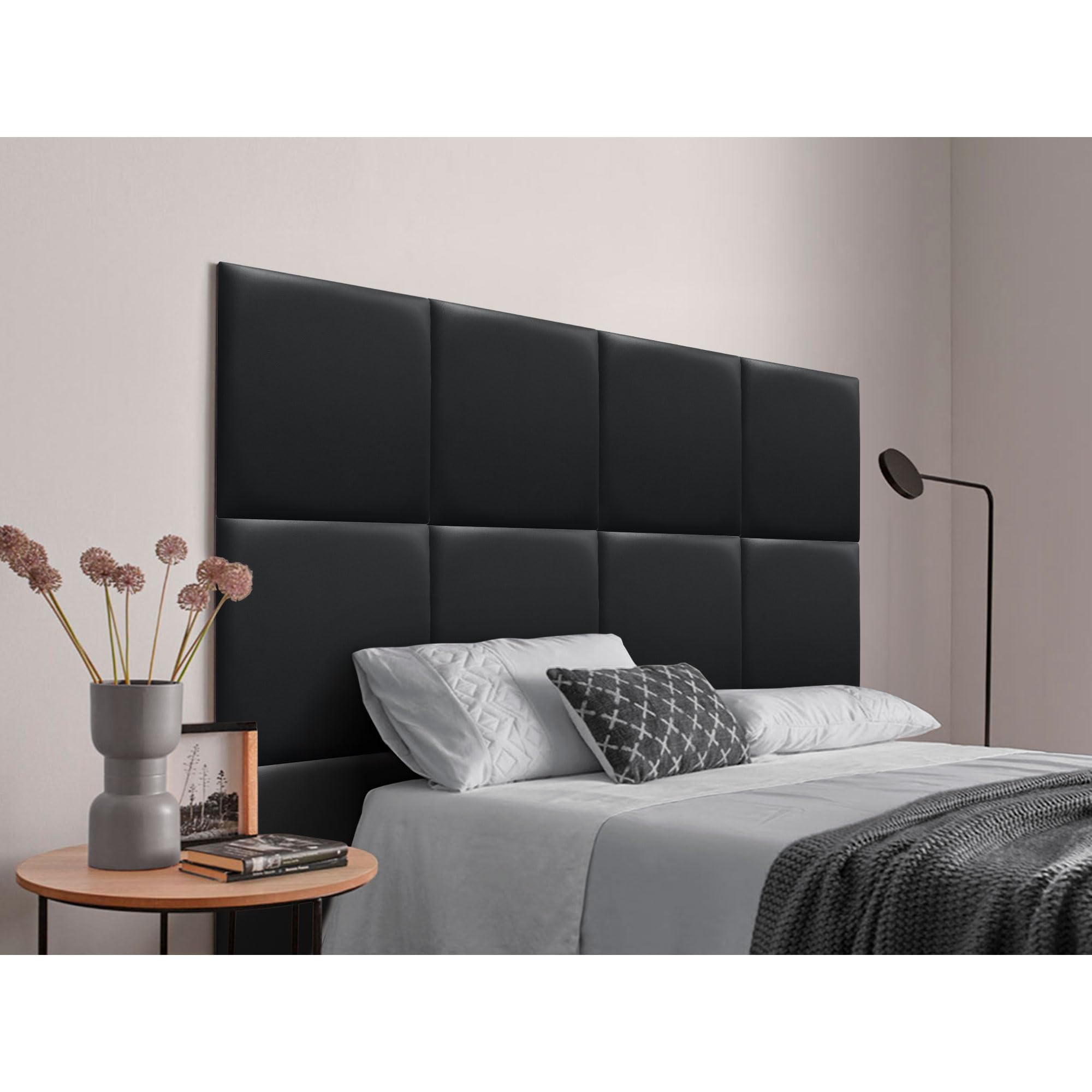 DHOME Cabecero Tapizado Compuesto de Paneles Autoadhesivos Intercambiables de Polipiel Cama Lujo Dormitorio Acolchado (Negro, 180cm)
