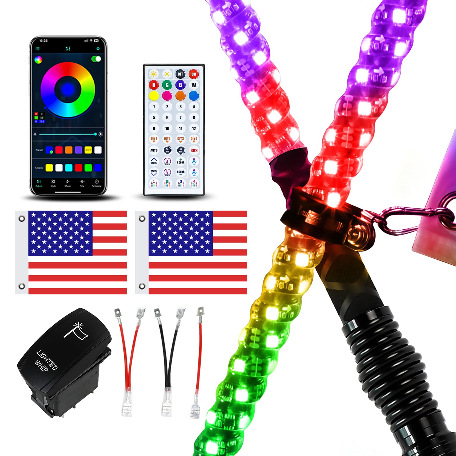 BrightWin ライトスティック VI9000 2 Pack 3FT Whip Lights with Spring Base, LED Whip Light