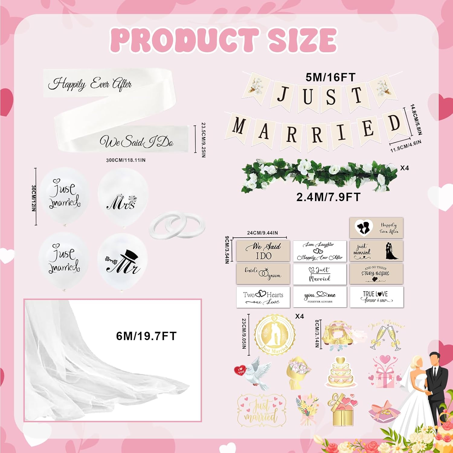 37 PCS Wedding Golf Cart Decorations Just Married Cart Decorations Include Banner Rose Garland Stickers Balloons White Ribbons for Golf Car Decor Accessories Wedding Party Anniversary