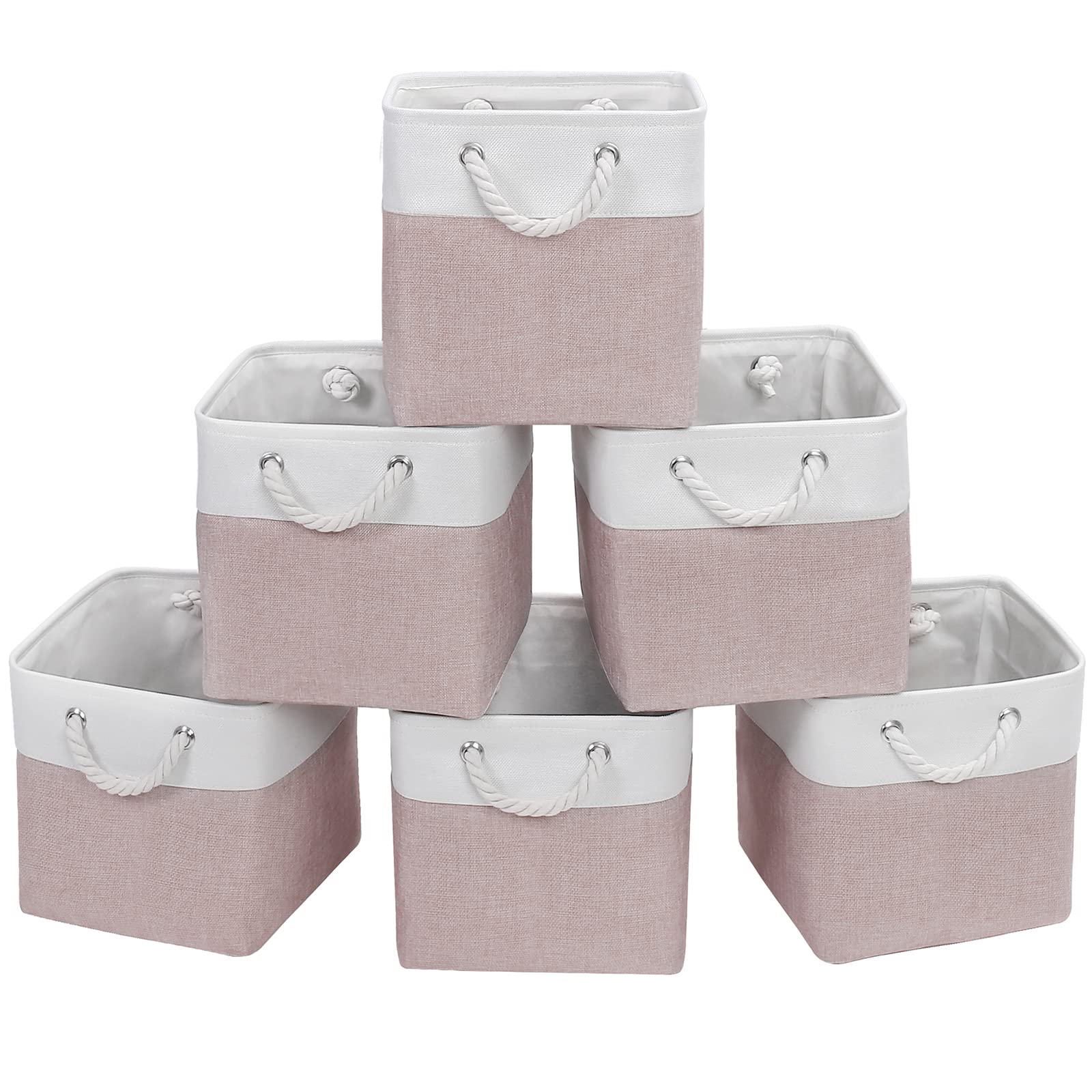 FinishingBo Cube Storage Bins, 6 Pack 11x11 inch with Cotton Handles for Closet, Shelves, Clothes, Toys, Towel (White/Pink)