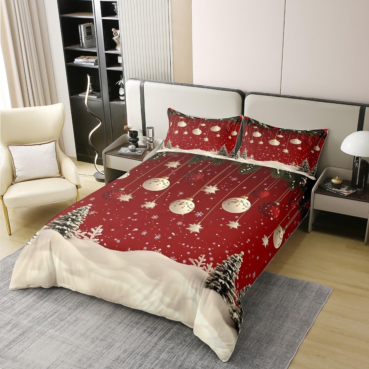 Feelyou Merry Christmas 100% Cotton Duvet Cover Xmas Deer Elk Bedding Set Christmas Tree Christmas Bell Comforter Cover Set Queen Size Snowflake Bedspread Cover 3Pcs Zipper,No Comforter