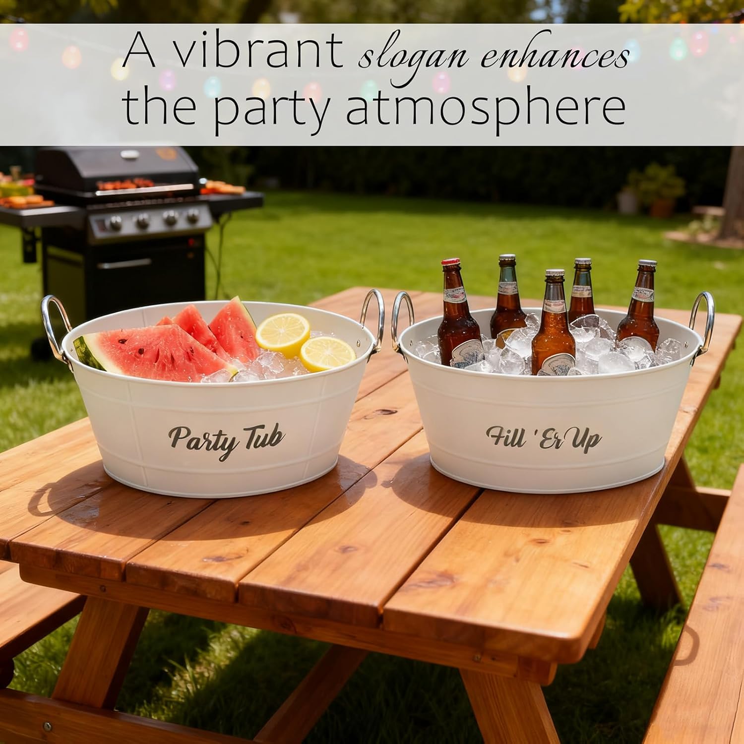 2-Pack White Metal Ice Bucket, Beverage Cooler Tub with Stainless Steel Handle - Reinforced Ribbed Design, Silk-Screened Logo & Powder-Coated Surface for Party, Beverage Cooling & Storage
