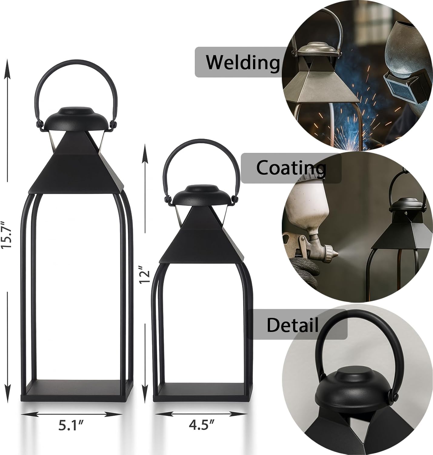 Decorative Metal Lanterns Indoor Outdoor, Candle Holder for Porch, Patio, Fireplace, Floor, Wedding, Christmas, Fall, Holiday, Farmhouse Table Centerpiece (Black, Set of 2 15.7" 12")