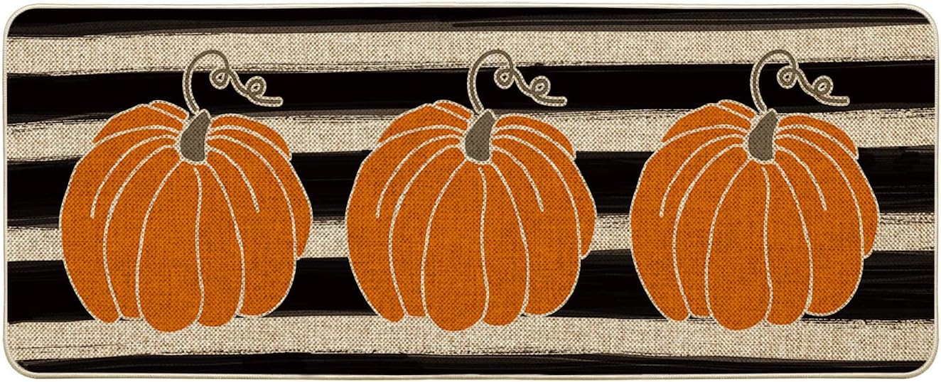 Artoid Mode Watercolor Stripes Pumpkin Decorative Doormat, Fall Seasonal Harvest Thanksgiving Vintage Rustic Low-Profile Yard Floor Mat Switch Mat for Indoor Outdoor 17 x 47 Inch