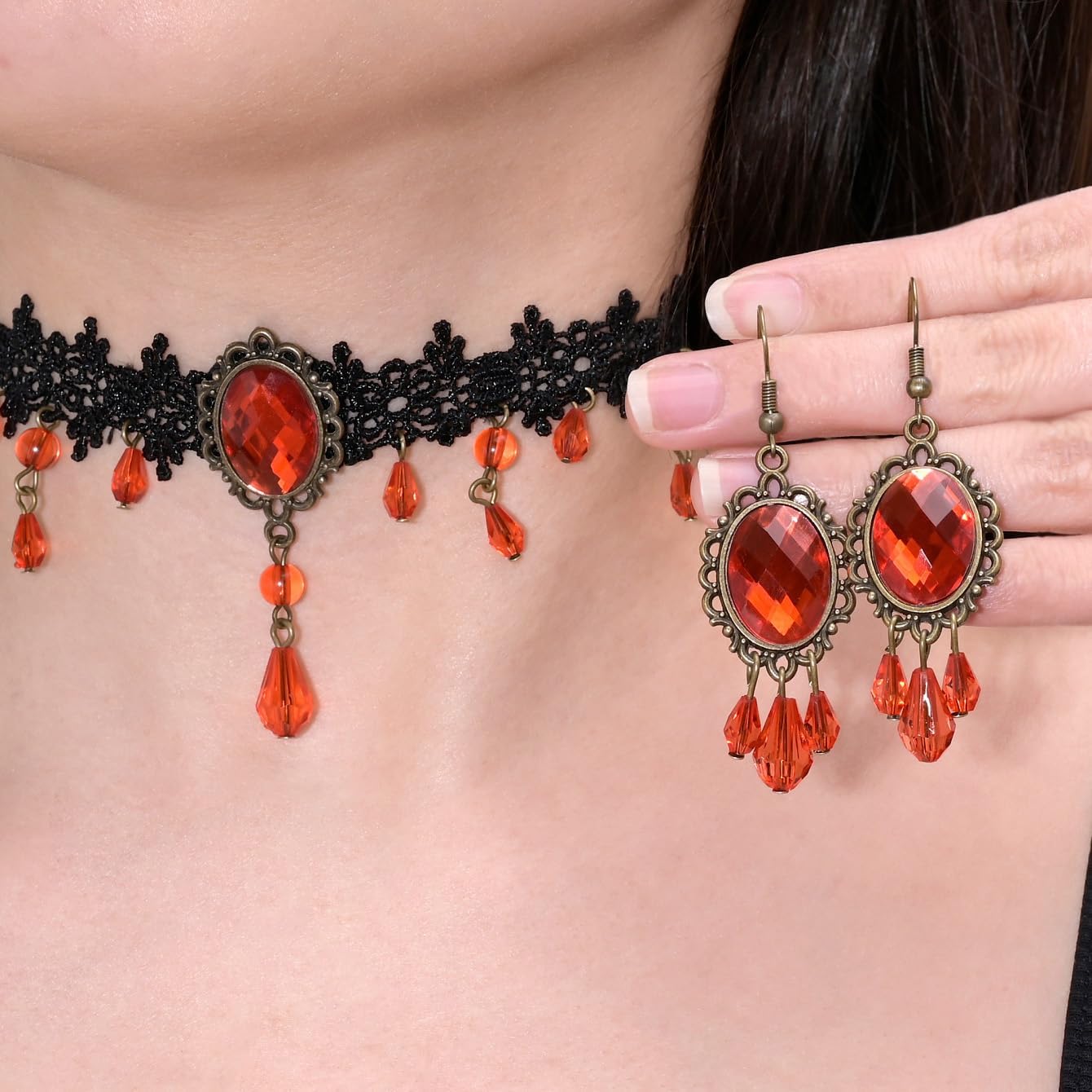 Vampire Lace Choker Necklaces for Women Halloween Vampire Witch Jewelry Set Gothic Lace Red Black Crystal Blood Teardrop Choker Necklace Earrings Set Emo Accessories Gothic Halloween Prom Jewelry Costume Accessories - Image 3