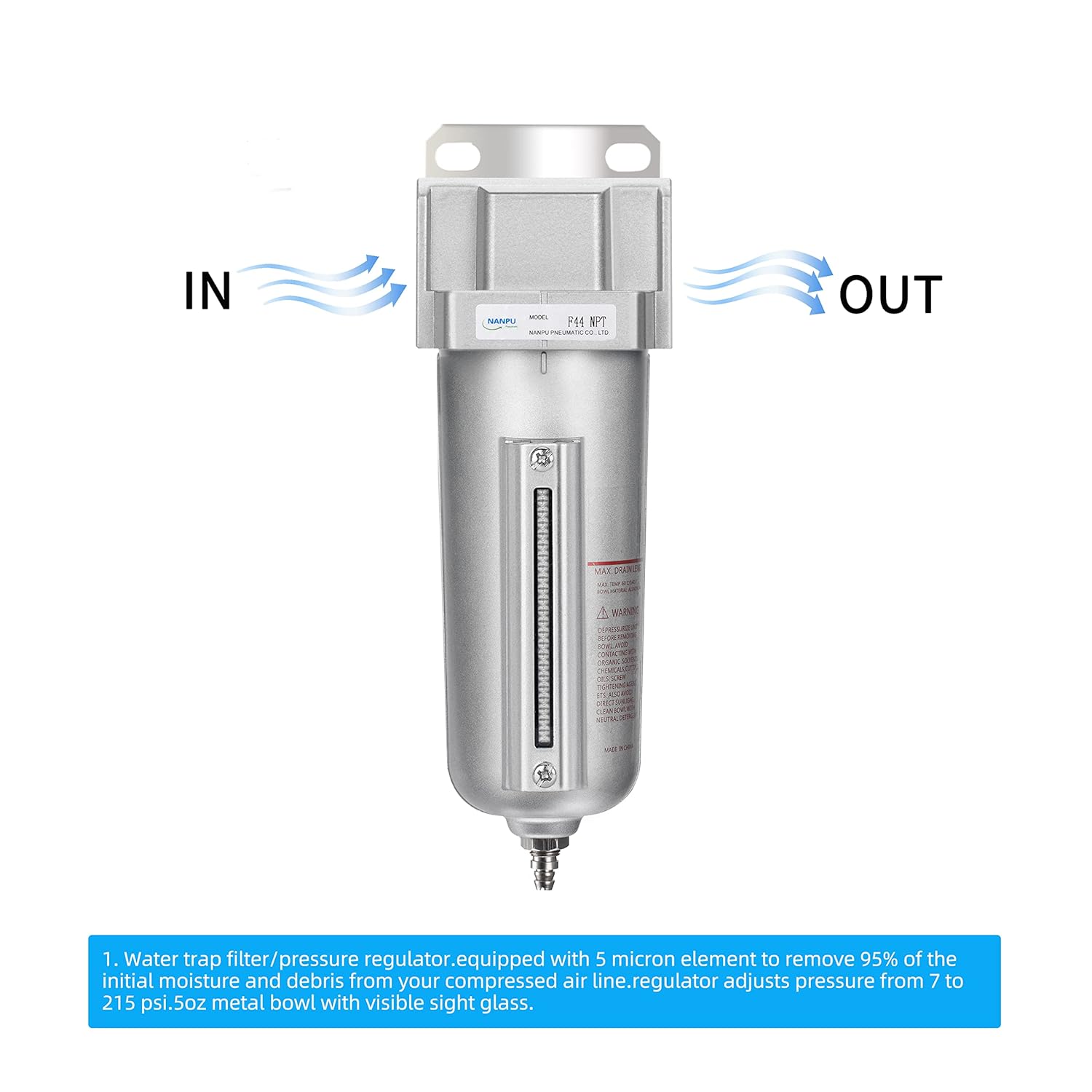 NANPU Industrial Grade Heavy Duty Particulate Filter, Metal Bowl, Suitable for Paint Spray (1/2" NPT, Manual Drain)
