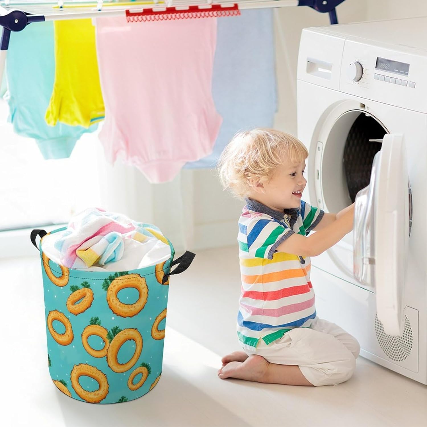 Onion Ring Novelty Collapsible Laundry Baskets Waterproof Clothes Hamper Storage Bins with Handles 13.8"x13.8"x17.3" 17.3"x17.3"x17.3"