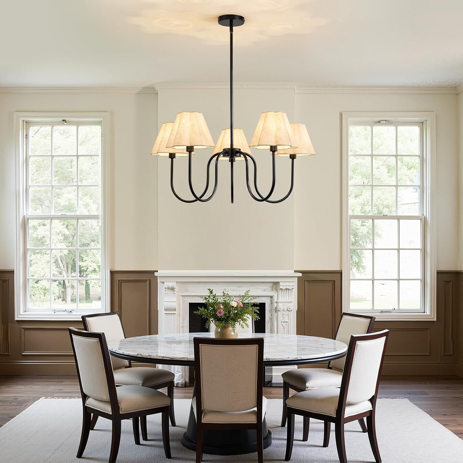 Modern 5-Light Black Chandelier, Large Fabric Shade Dining Room Light Fixture Over Table with Adjustable Downrods, Farmhouse Pendant Lighting for Kitchen Island Living Room Entryway