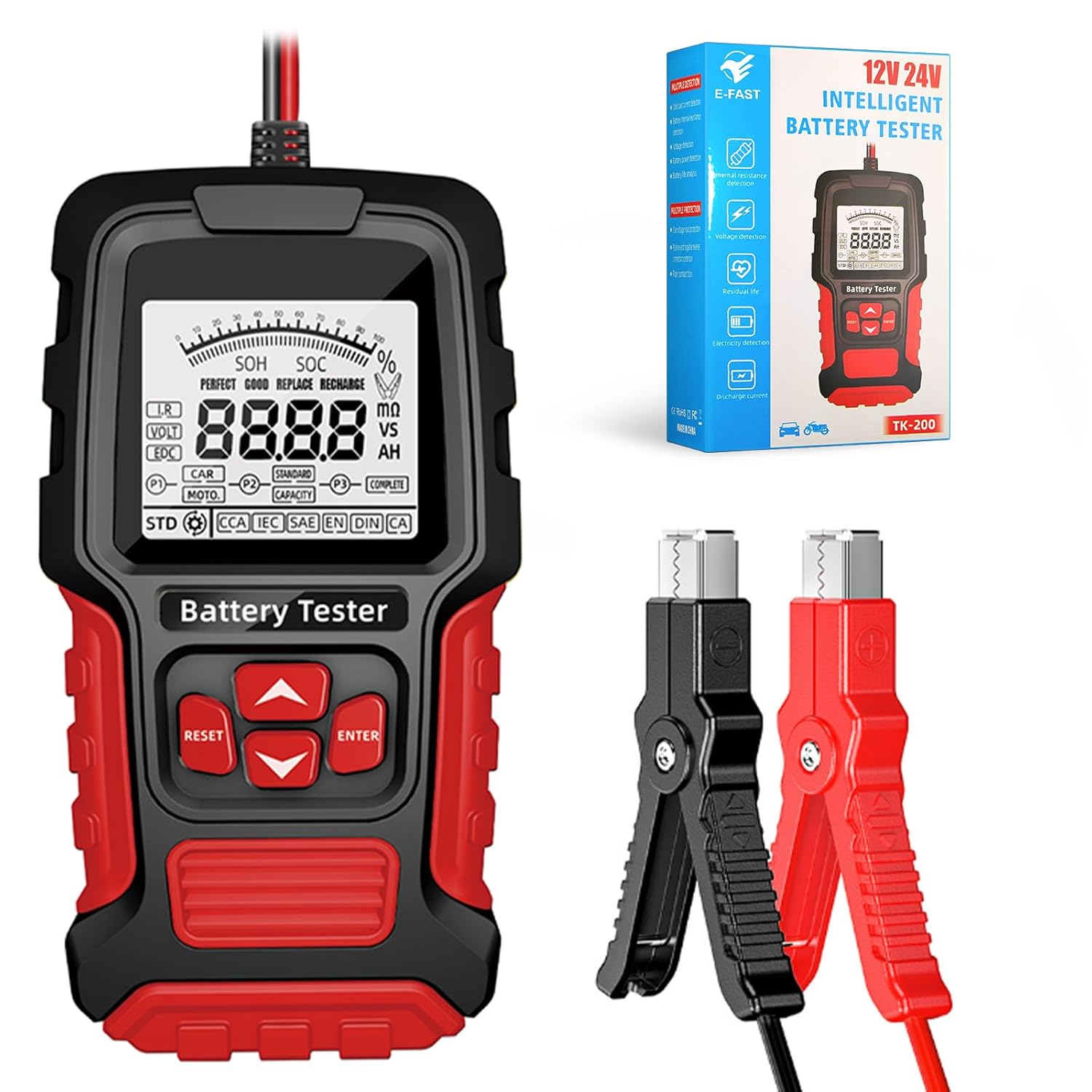 12V/24V Car Battery Tester, Automotive Battery Load Tester, 3Ah-200Ah Digital Battery and Alternator Tester, Accurate Auto Battery Analyzer for Car, Truck, Motorcycle, SUV, Boat, Marine（Red）