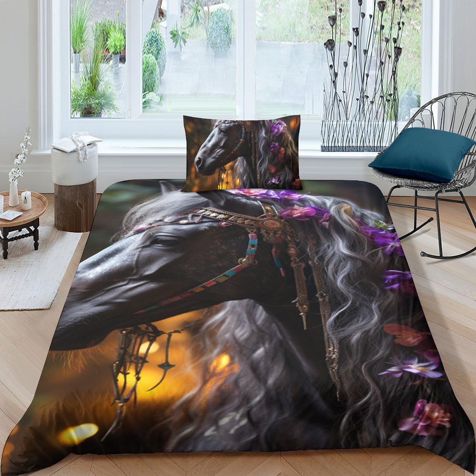 Housse de couette pour adultes et enfants anti-plis motif floral sauvage
