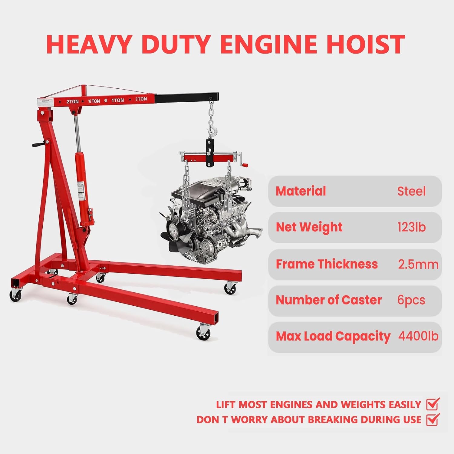 Engine Hoists & Stands,2 Ton 4400 LBS Heavy Duty Alloy Steel Folding Cherry Picker Engine Hoist,Engine Lift for Workshop Warehouse Garage
