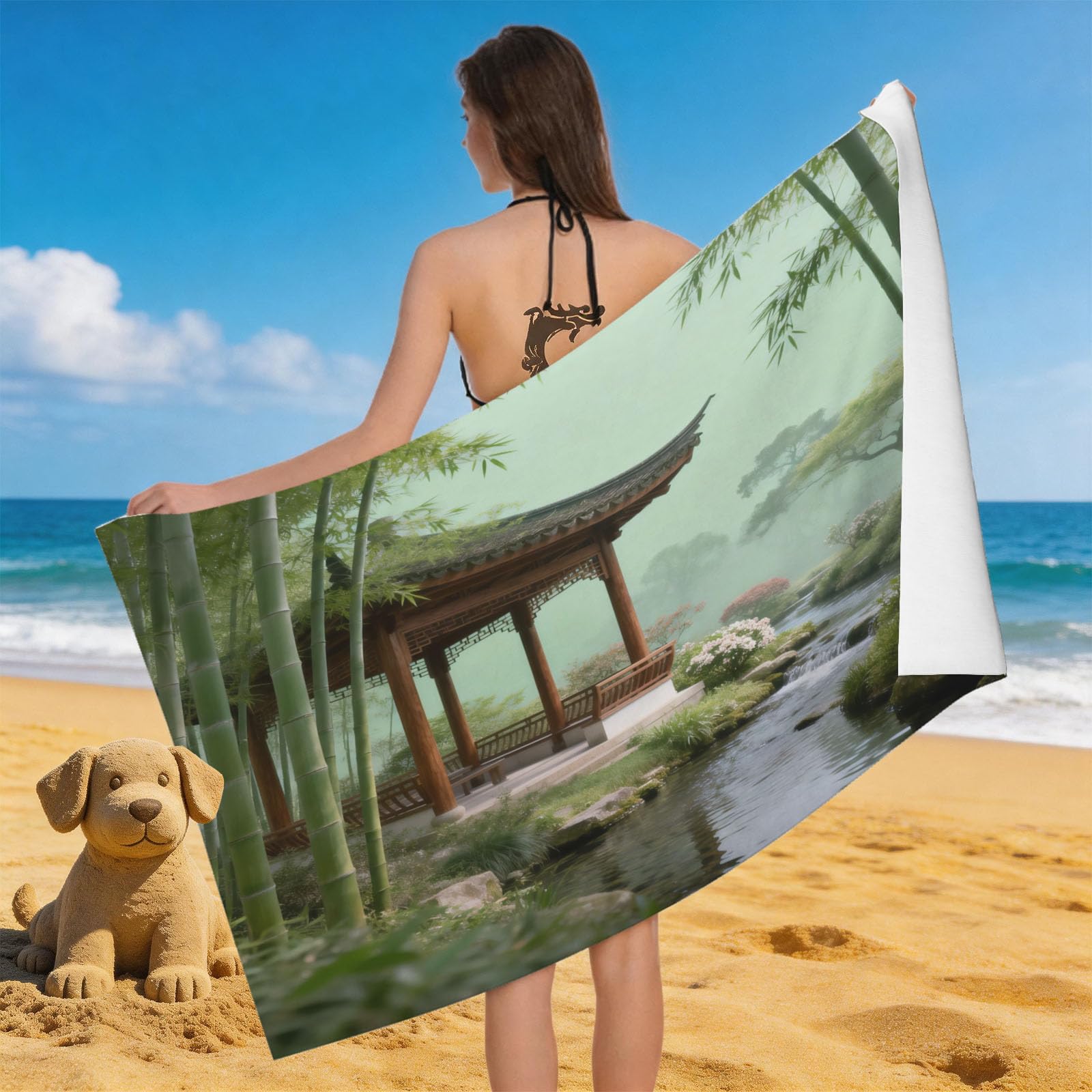 Leichong 3D Chinese Architecture Beach Towel Large Microfiber Soft Quick Dry for Adults, Bamboo Woods Bath Towel Lightweight Soft Absorbent for Travel Swimming Pool Sports, 180 x 90 cm